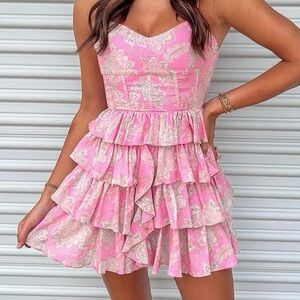 Pink Floral Ruffle Mini Dress by olivaceous